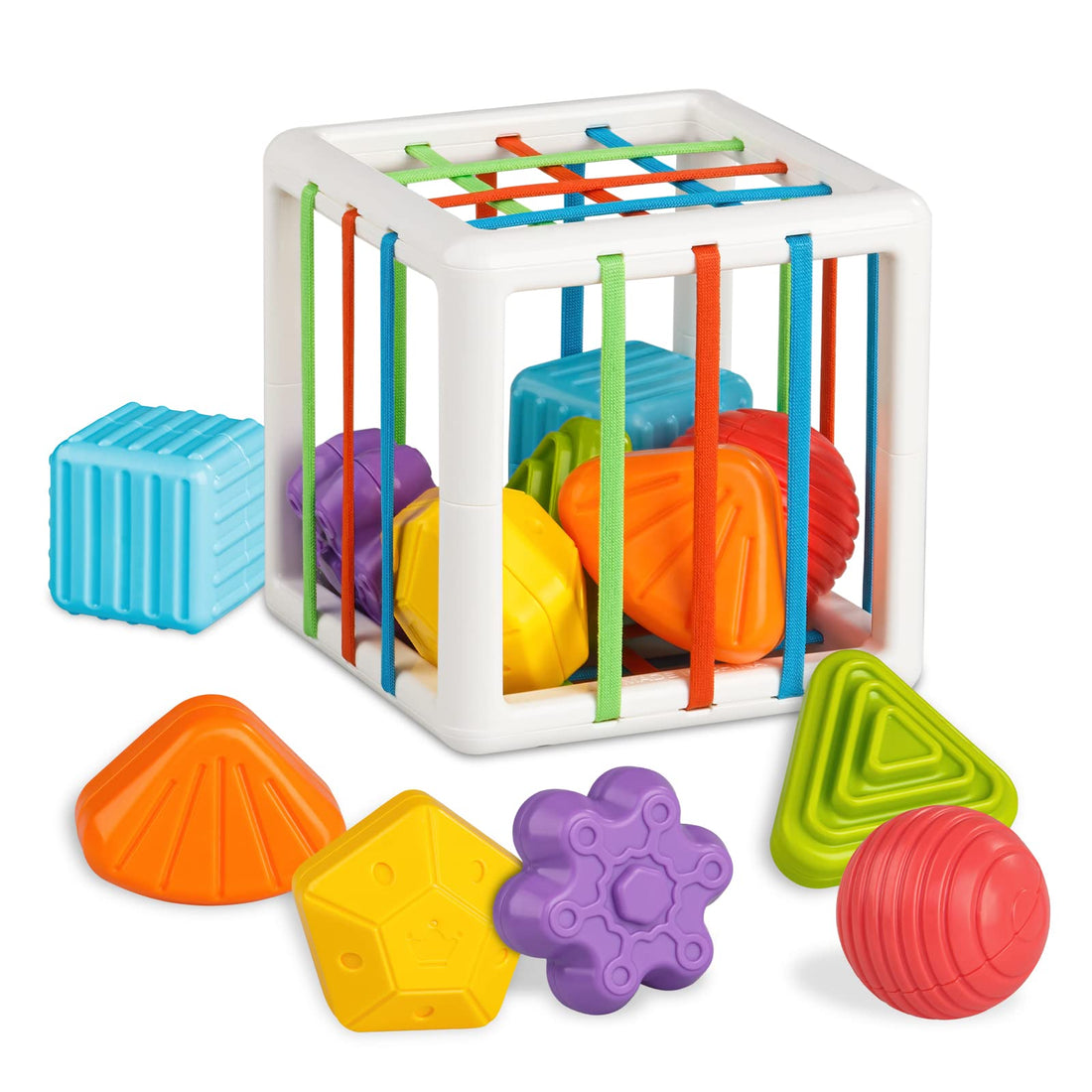 Aprilwolf Montessori Toys for 1 Year Old, Storage Cube Bin & 6 Sensory Shape Blocks, Baby Toys 6-12-18 Months, Developmental Toys, Fine Motor Skills, Infant Birthday Gifts Toddler Boy Girl Age 1 2 3