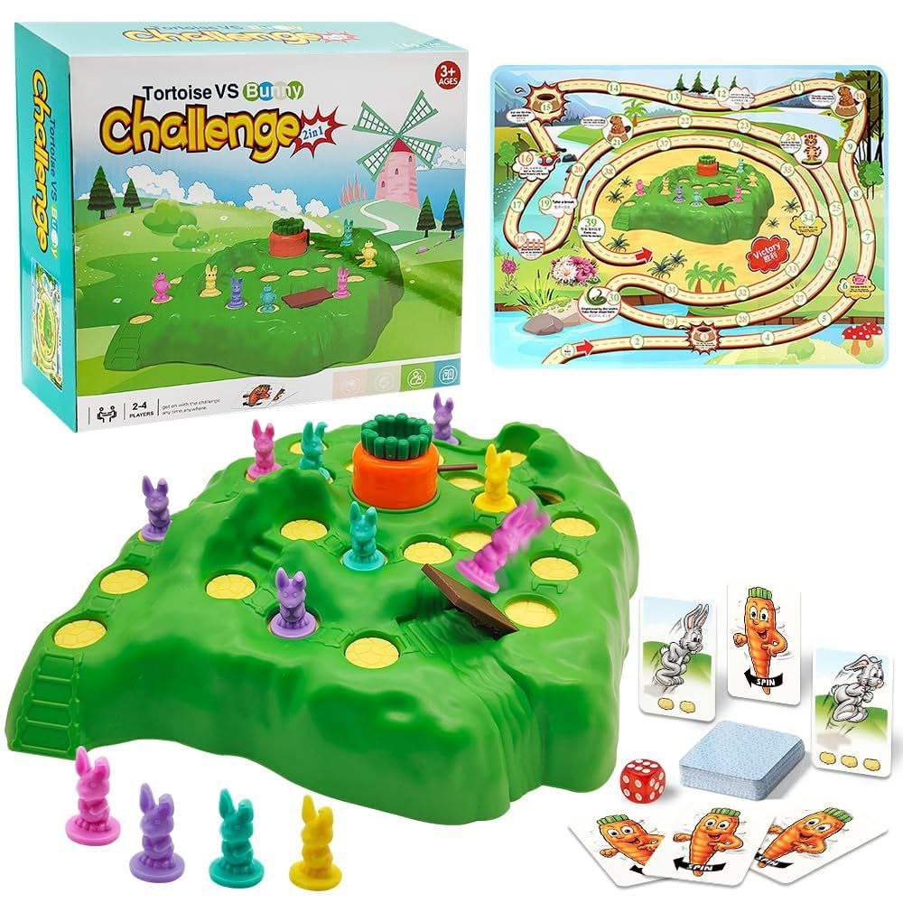 2-in-1 Turtle and Rabbit Challenge Game for Kids Ages 3+ 2-4 Players, Includes Gameboard, Cards and Dice