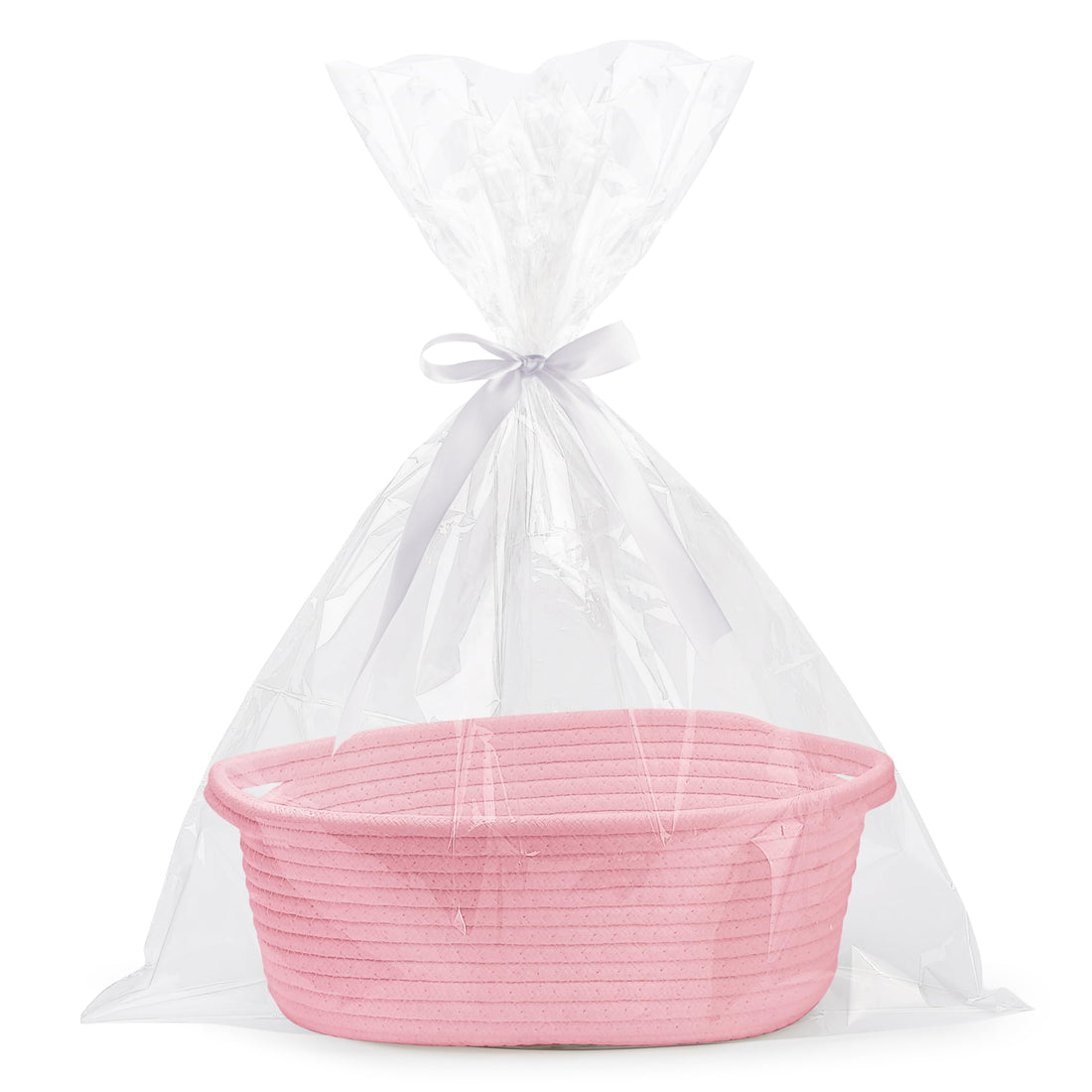 Pro Goleem Small Woven Basket with Gift Bags and Ribbons Durable Baskets for Christmas Gifts Empty Small Rope Basket for Storage 12"X 8" X 5" Baby Toy Basket with Handles, Pink