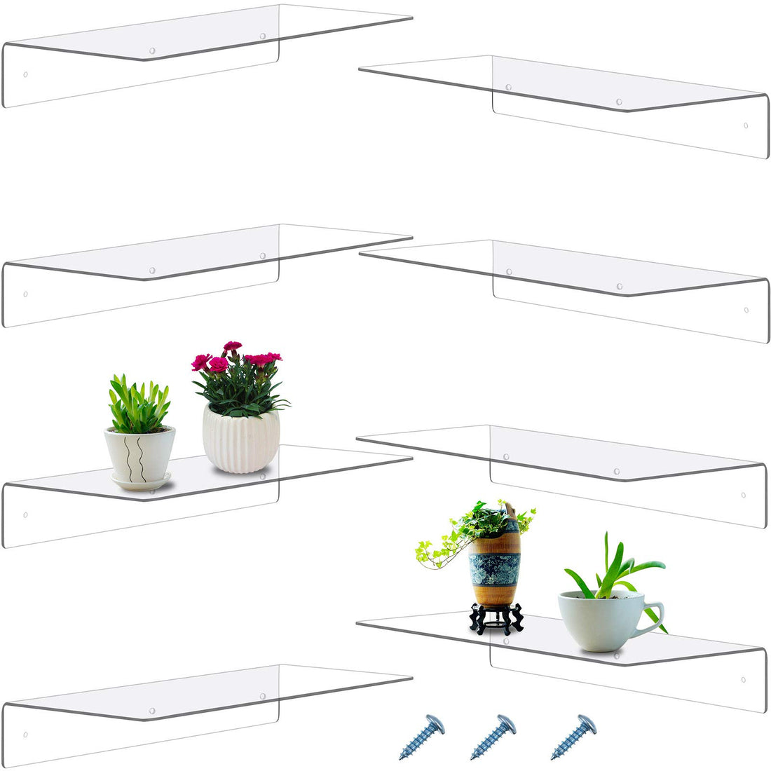 BEST MEDIA Acrylic Floating Shelf Set, 8-Piece Invisible Wall Mounted Display Organizer, 35 cm Ledge Bookshelf for Living Room, Office, Bedroom, Bathroom, Kitchen and Retail Display, Clear