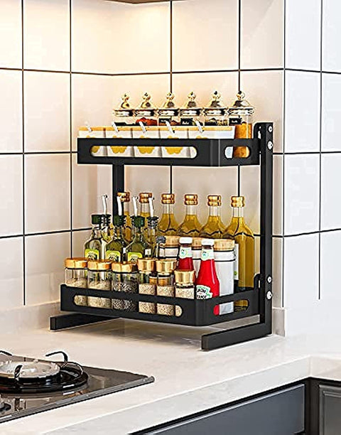 Belvery Stainless Steel Seasoning Organizer Spice Rack With Baking Paint 2 Tiers Metal Stand Large Kitchen Organizer For Countertop