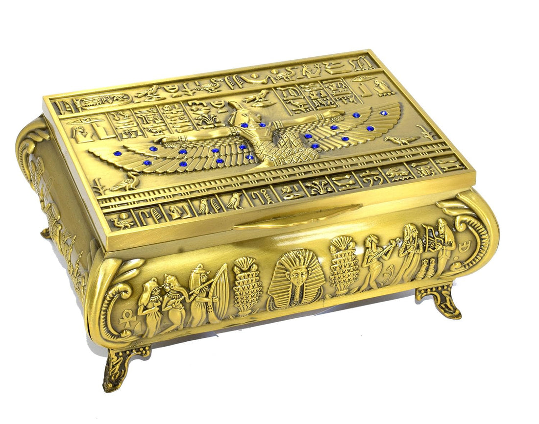 Immatgar Luxury Egyptian Jewelry Storage Box with Pharaonic Pattern - premium Souvenir gifts for Women and Girls, Home Decor Piece (Flat - iisis - Burnt Yellow - 18.5 CM long)