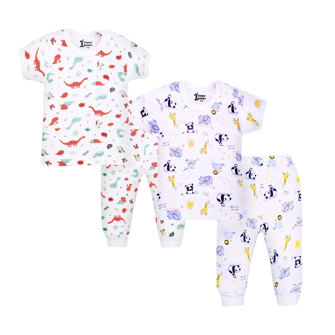 Funny Bunny Half Sleeve and Pants Baby Sleepwear Set, 2-Pack Cotton Pyjamas with White Prints