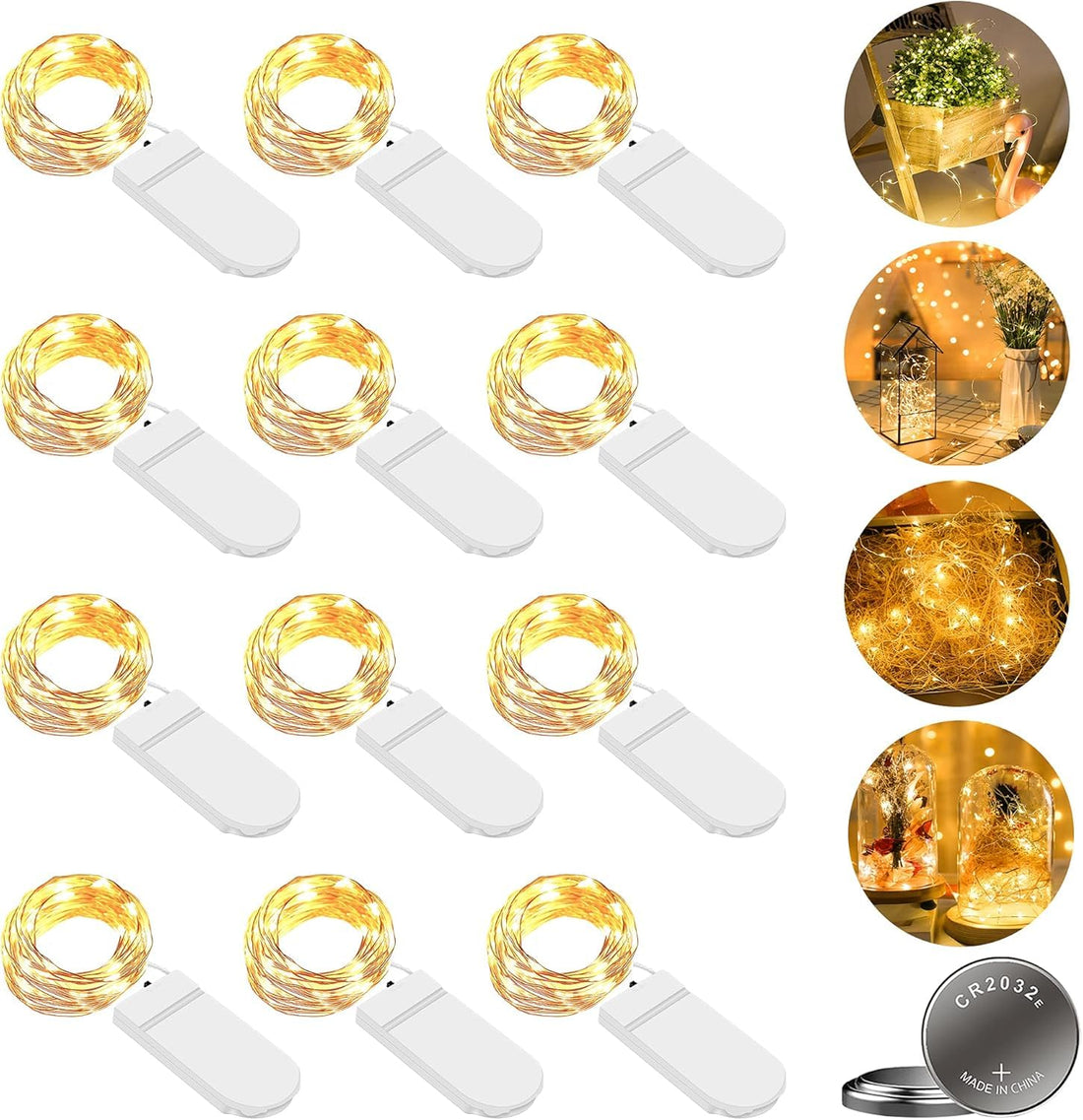 LED Fairy Lights Battery, Pack of 12 2 m 20 LED Micro Battery Operated Copper Wire Fairy Lights Warm White Christmas Lighting for Room, Indoor, Christmas, Outdoor, Party, Wedding, DIY (Warm White,