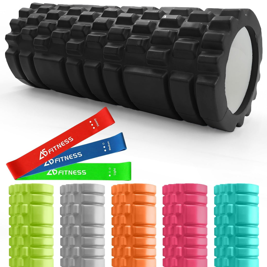 A5 Fitness Foam Roller Black with 3 Resistance Level Bands - Lightweight Foam Rollers for Muscles Provides Relief from Pain Fatigue Improves Tissue Recovery - Massage Roller for Gym, Yoga Pilates