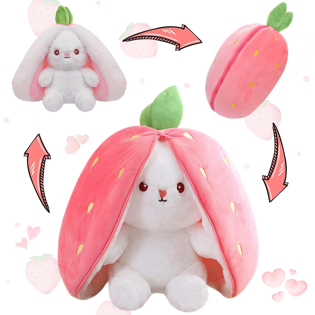 MIAODAM Bunny Stuffed Animal Reversible Cuddle Bunny Stuffed, Strawberry Rabbit 7 inch Plush Zipper, Carrot That Turns Into Ears Bunnies Plushies Toy Cute Stuffy Doll Easter Gift