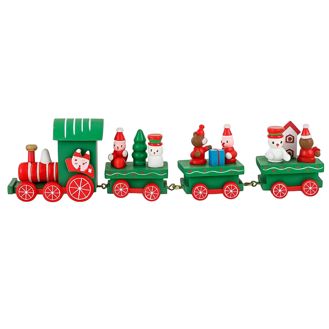 Festive Christmas Decor - Small Wooden Toy Train with Santa and Snowman, perfect for holiday celebrations, Christmas tree decoration, and seasonal festive ambiance