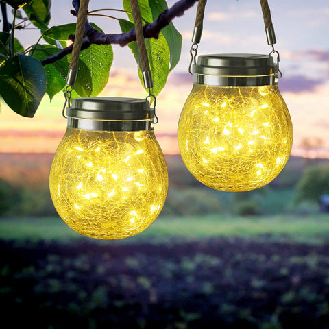 Solar Lights le Glass Ball, Amber Warm LED Hanging Solar Lantern Outdoor Waterproof Solar Patio Lanterns Decorative with 2 Optional Modes Solar Powered Jar Lamp for Garden Deck Yard, 2 Pack