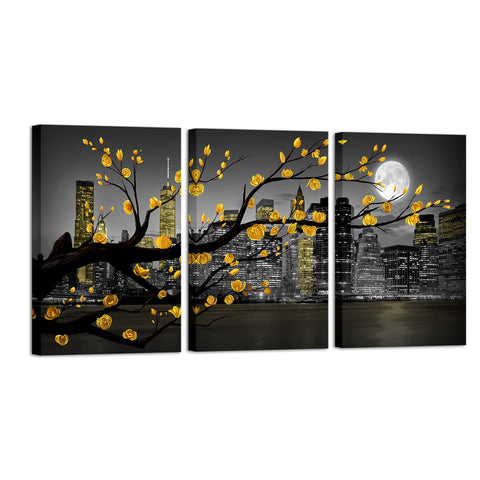 HOMEOART New York City Canvas Wall Art Yellow Flower Painting Manhattan Skyline Night View Black White Full Moon Canvas Prints Framed Artwork Living Room Bedroom Decor 16"x24"x3 PCS