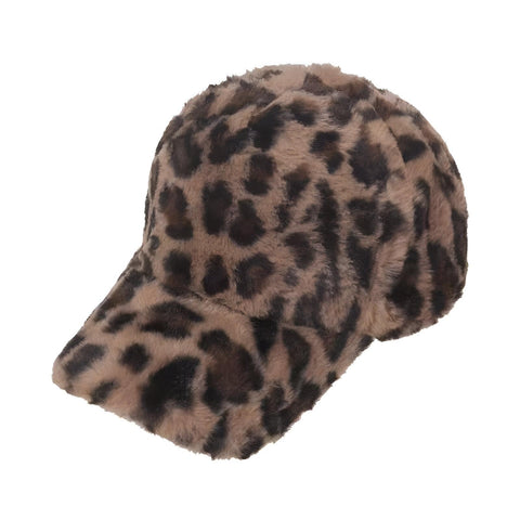 Faux Fur Hat - Stylish Leopard Print Winter Baseball Cap for Women and Girls to Keep Warm in Cold Weather with Fleece Lining