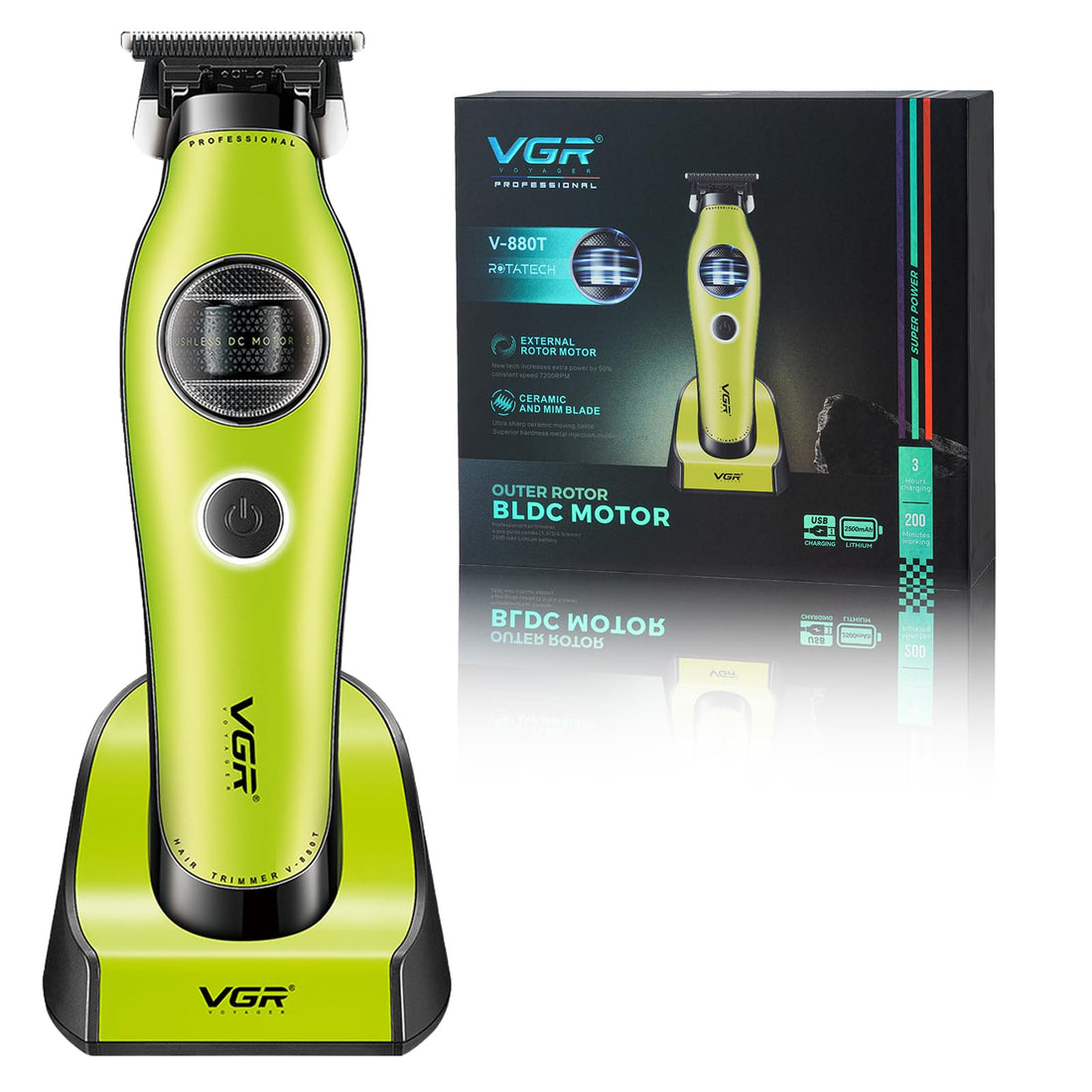 VGR 880T Professional Hair Trimmer for Men, 7200RPM Cordless Beard Trimmer External Rotor BLDC Motor Hair Clippers, Zero Gapped Ceramic and MIM T Blade Barber clippers with Charging Base