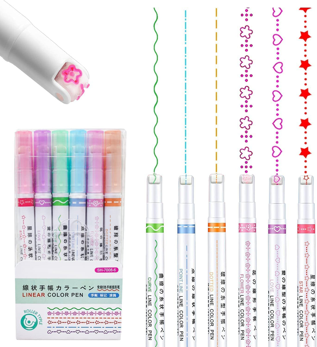 6pcs Curve Highlighter Pen Set | Flownwing Flair Pens with 6 Different Curve Shape Fine Tips for Drawing Scrapbook