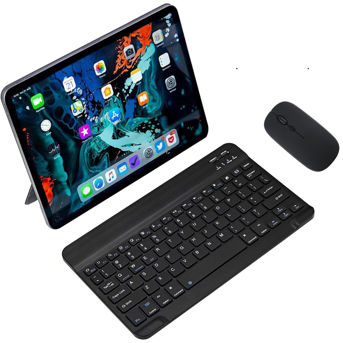 ALMEKAQUZ Ultra-Slim Bluetooth Keyboard, Portable Mini Wireless Keyboard with Wireless Mouse Rechargeable for Apple iPad iPhone Samsung Tablet Phone Smartphone iOS Android Windows (10 inch Black)