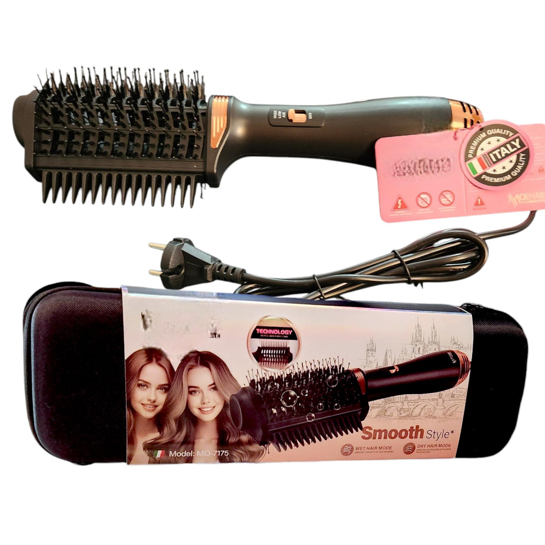 Professional Hair Styling Brush, 2400W Hot Air Brush with Keratin Protection, Wet and Dry Hair Modes, Travel Case Included, Model MO-7175