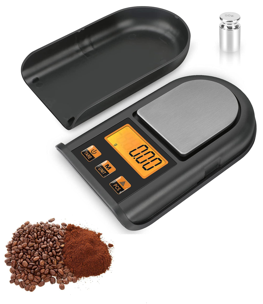 Digital Milligram Scale 50 X 0.01g, Mini Electronic Jewelry Scale Kitchen Food Coffee High Precision Pocket Scales with 50g Calibration Weights, LCD Display, Tare, and PCS Features