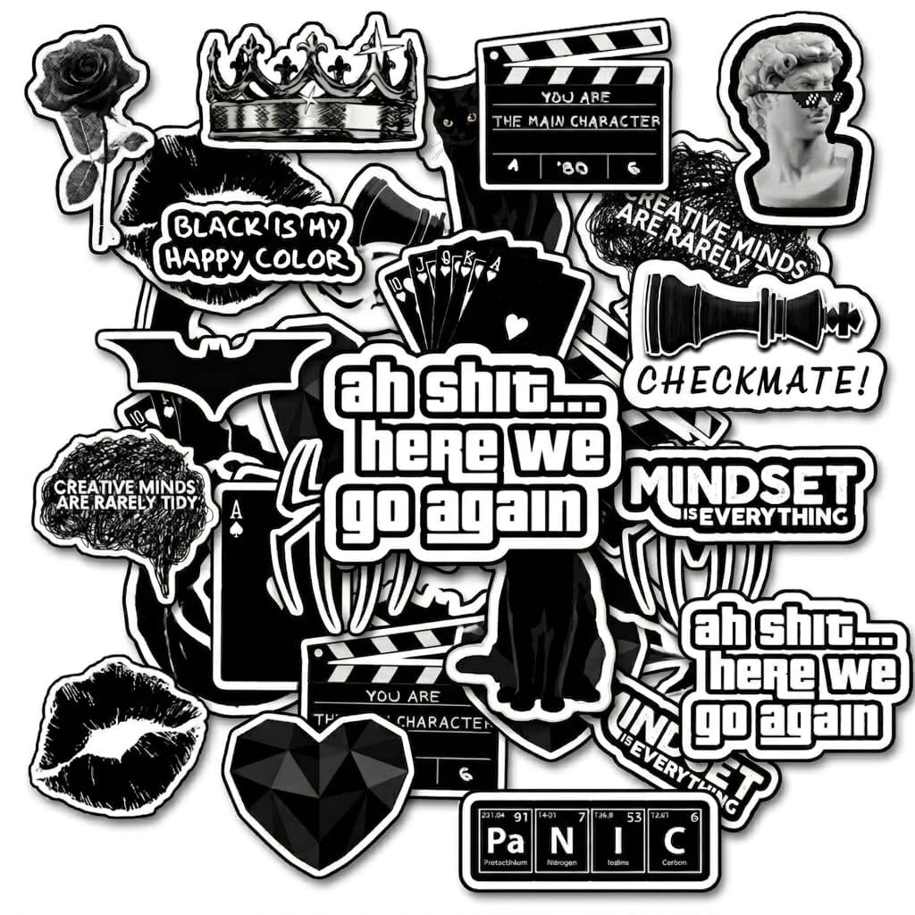 16 PCS Funny Aesthetic Meme Stickers Pack black – Waterproof Vinyl Laptop Stickers for Water Bottle, Phone, Notebook & Skateboard – Cool Random Trendy Stickers