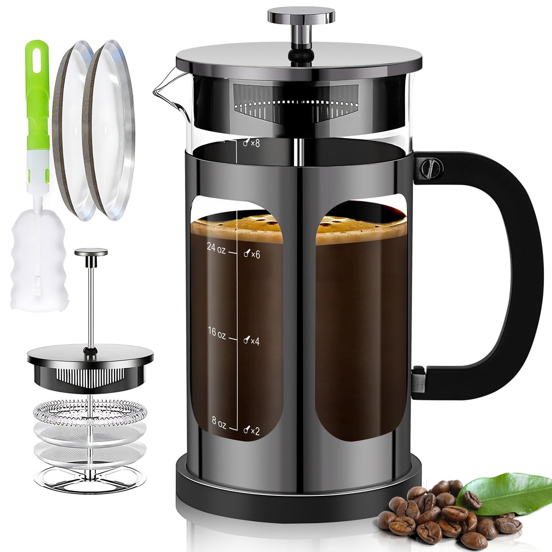 YMMIND French Press Coffee Maker (34oz 1Quart 5-6Cup) Coffee Press, with 4 Filters System, Heat Resistant Thickness Borosilicate Glass, Cold Brew Coffee Tea Pot Gifts (Bright Black)