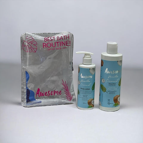 Awesome Vanilla Coconut Body Wash, Lotion and Makeup Bag Set 750 ml