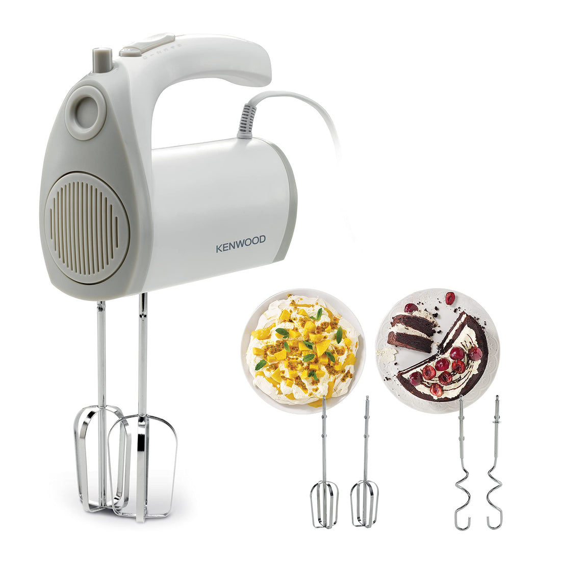 Kenwood Hand Mixer Electric Whisk 300W with 5 Speeds + Turbo Button, Twin Stainless Steel Kneader and Beater for Mixing, Whipping, Whisking, Kneading HMP20.000WH White, HMP20.OOOWH