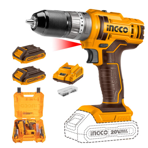 INGCO 54Pcs Impact Drill Machine Kit,20V Lithium-Ion Impact Drill Machine,Auto-Lock Keyless Chuck,Spindle Lock Function,45Nm,18+1+1,Hammer Drill Kit With 2*2.0Ah Batteries,1 Fast Charger, 3 drill bits