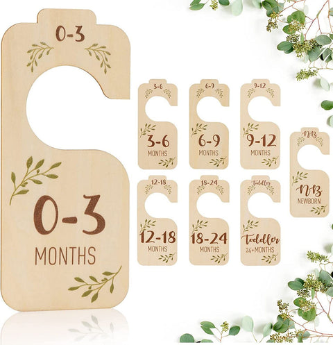 Baby Closet Dividers for Clothes Organizer - Set of 8 Beautiful Wooden Double-Sided Baby Clothes Size Hanger Organizers for Newborn to 24 Months for Nursery Decor