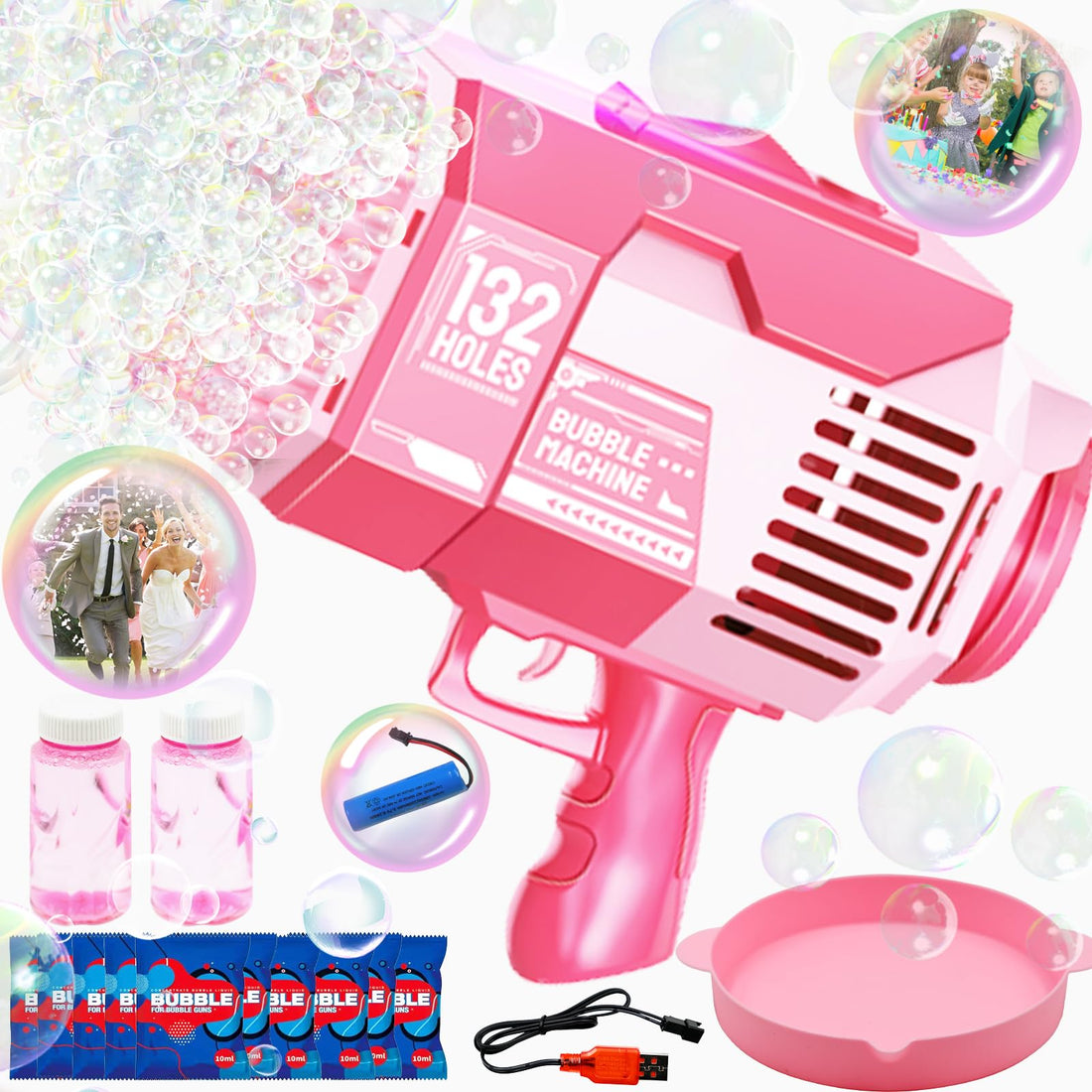 132 Holes Bubble Gun Bazooka Bubble Blower, Automatic Bubbles Blaster with Lights,Rocket Boom Bubble Toys for Kids Adults,Bubble Makers for Summer Outdoor Indoor Birthday Party Wedding Favors Gift
