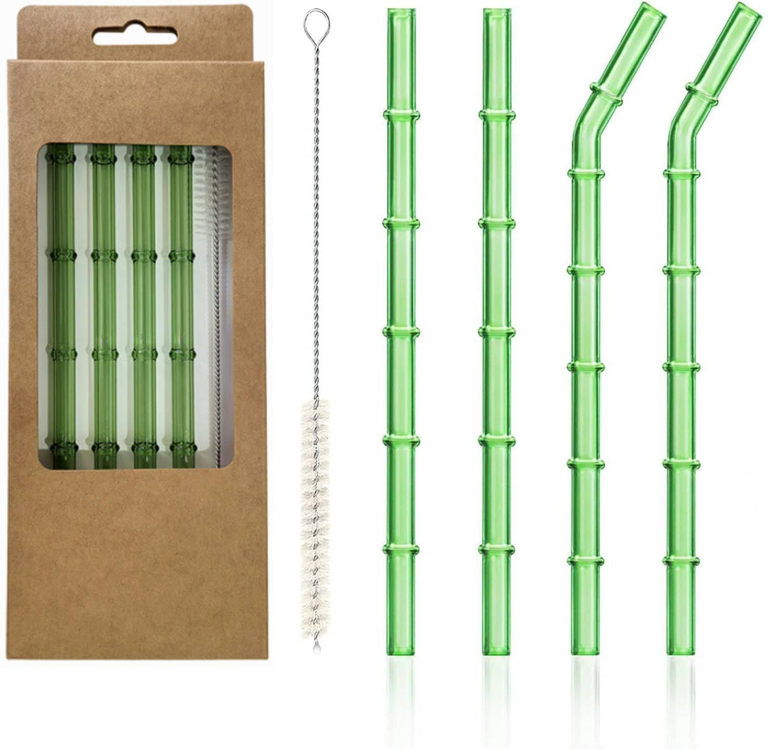 MOMENT 4 Pcs Reusable Glass Straws, Green Bamboo Shape glass straws, Colorful Drinking Straws, Size 7.5" x 8MM, Clear Glass Straw and a Cleaning Brush, Perfect for Smoothies, Tea, Juice