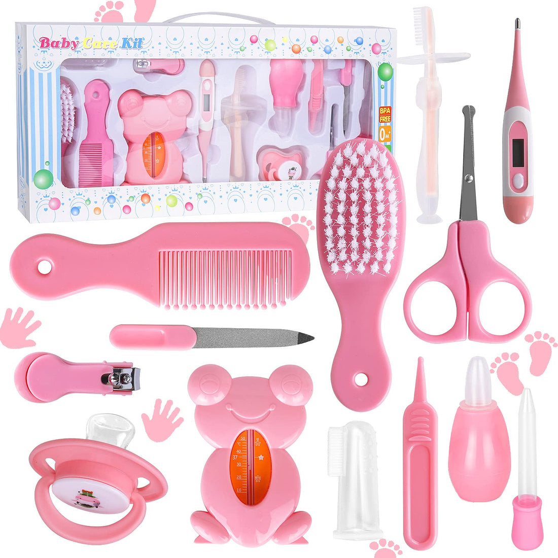 Baby Grooming Kit, 13PCS Newborn Baby Care Accessories Set, Portable Nursery Infants Care Kit with Scissors Comb Manicure Finger Puppet Nose Cleaner, Ideal for Travelling & Home Use- Pink#3