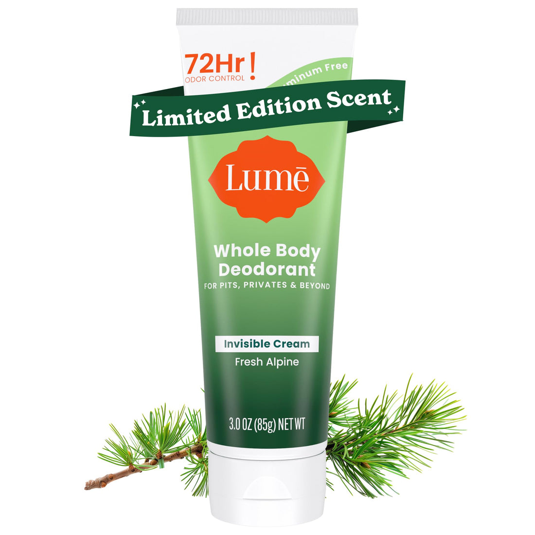 Lume Whole Body Deodorant - Invisible Cream Tube - 72 Hour Odor Control - Aluminum Free, Baking Soda Free, Skin Safe - 3.0 Oz (Fresh Alpine)