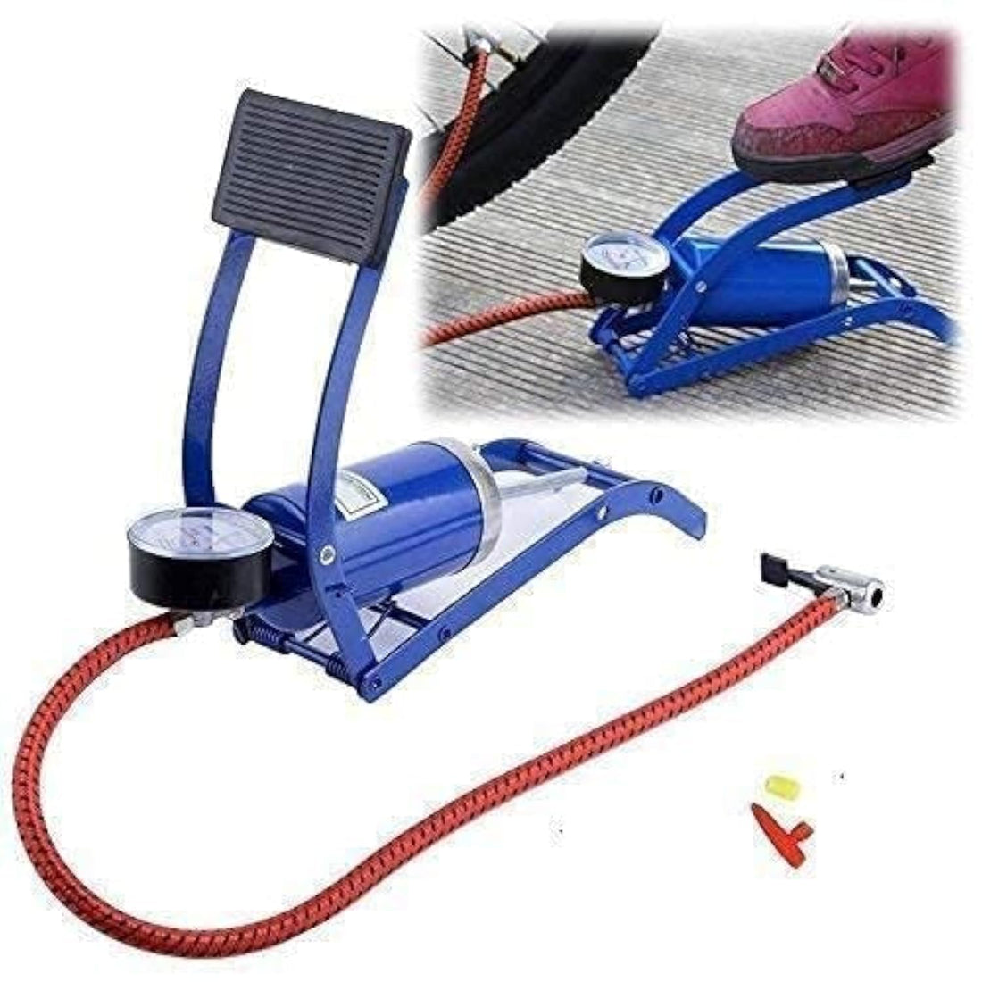 Cloud Hub Single Barrel Steel Body Foot Pump for Cycle | Air Pump for Motorcycle | High Pressure Foot Pump, Bike Motorbike Inflation Pump with Pressure Gauge, Foot Pedal Inflator