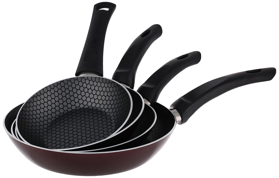Trueval Teflon frying pan set of 4 pieces, sizes 16-18-20-24, dark red