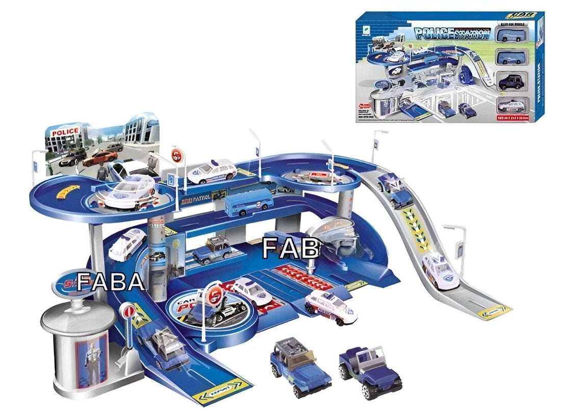 Law Enforcement Play Set - Multi-Level Police Garage with External Road, Traffic Signs, and Parking Slots for Imaginary Police Missions