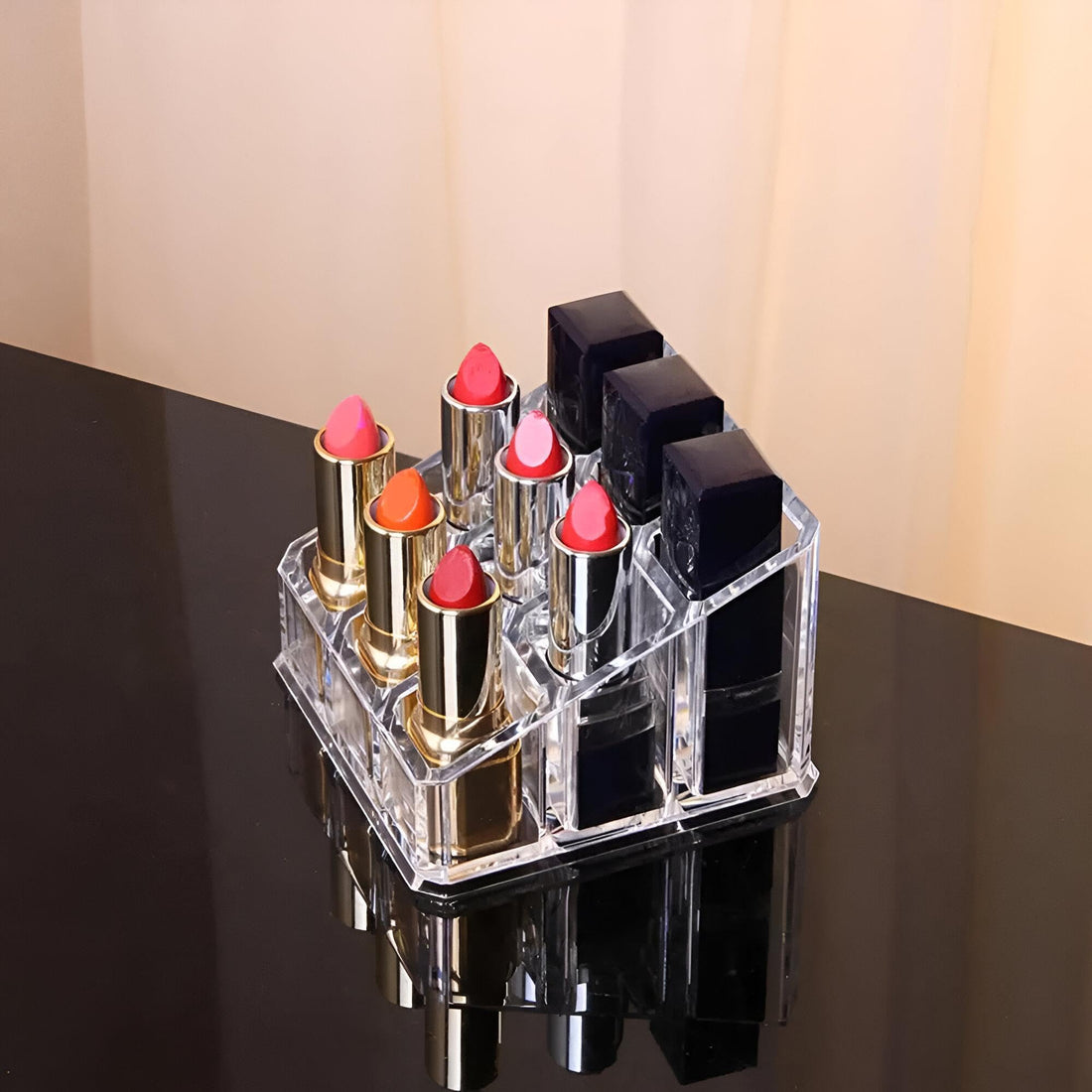 Beauty Organizer - 9 Grids Lipstick and Lip Gloss Holder, Clear Cosmetic Box Display Stand for Bottles and Makeup Tubes