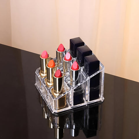 Beauty Organizer - 9 Grids Lipstick and Lip Gloss Holder, Clear Cosmetic Box Display Stand for Bottles and Makeup Tubes