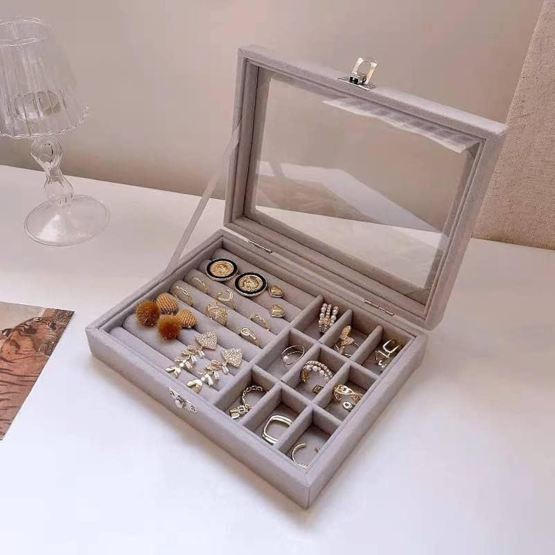 Gifticious Grid Velvet Jewelry Box, Jewelry Tray Holder Storage Box with Velvet Clear Lid, Velvet Glass Jewelry Display Organizer Box for Earrings, Rings, Necklace Bracelets From Souq Masr.