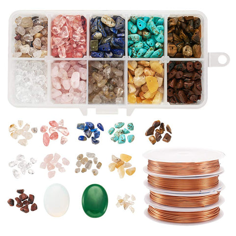 JAZZEEL Irregular Chip Stone Bead Set, 1000pc Kit of Natural Crushed Gemstones with Copper Jewelry Wire. For DIY Necklace, Bracelet & Earring Making. Crystal Healing Craft Supplies for Adults.
