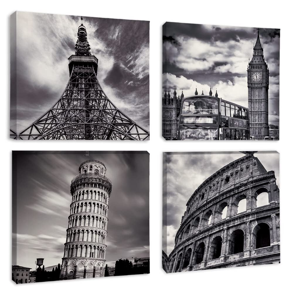 Bontalc Canvas Wall Art City Landscape Black and White Wall Decor for Living Room Bathroom Home 4 Pcs HD Prints Eiffel Tower Big Ben Leaning Tower of Pisa Roman Coliseum Painting 12×12 Inches
