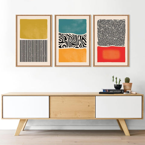 Boho Framed Canvas Wall Art Set, Mid Century Modern Wall Decor, Abstract Bohemian Color Block Painting, Neutral Art Print for Living Room, Bedroom, Dinning Room, Office, Bathroom 12"X16"
