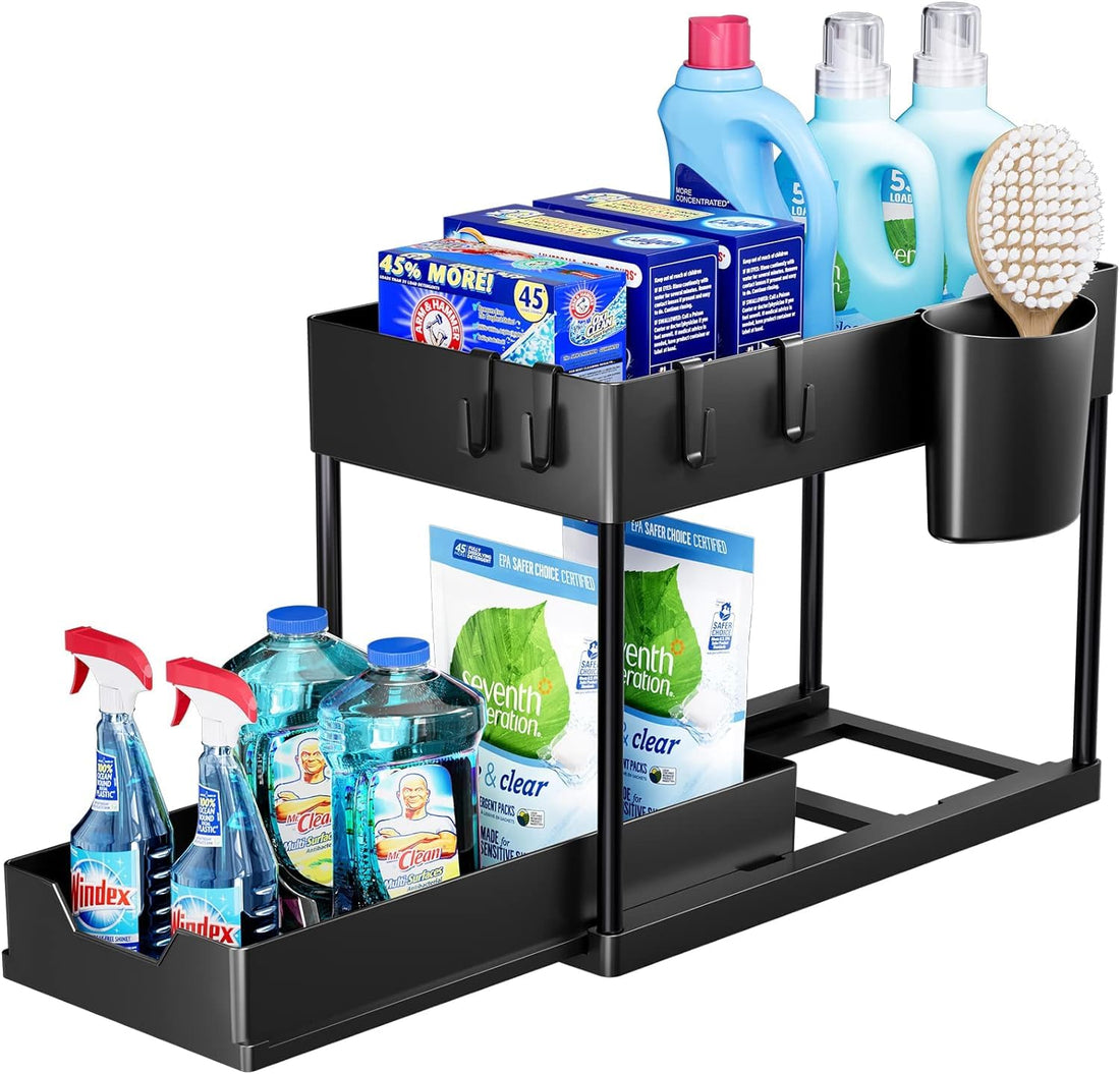Mylindde Under Sliding Cabinet Basket Organizer, 2 Tier Storage Under Cabinet Bathroom Under Sink Organizers and Storage Under Sink Storage, with Hooks and Hanging Cup, for Kitchen&Bathroom(Black)