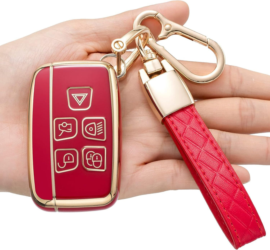 Car Key Case – Key Fob Cover Compatible with Range Rover and Jaguar (Evoque, Sport, Velar, Discovery, F-Pace, F-Type, XE, XF, XFL, XEL, XJ) – Red Gold