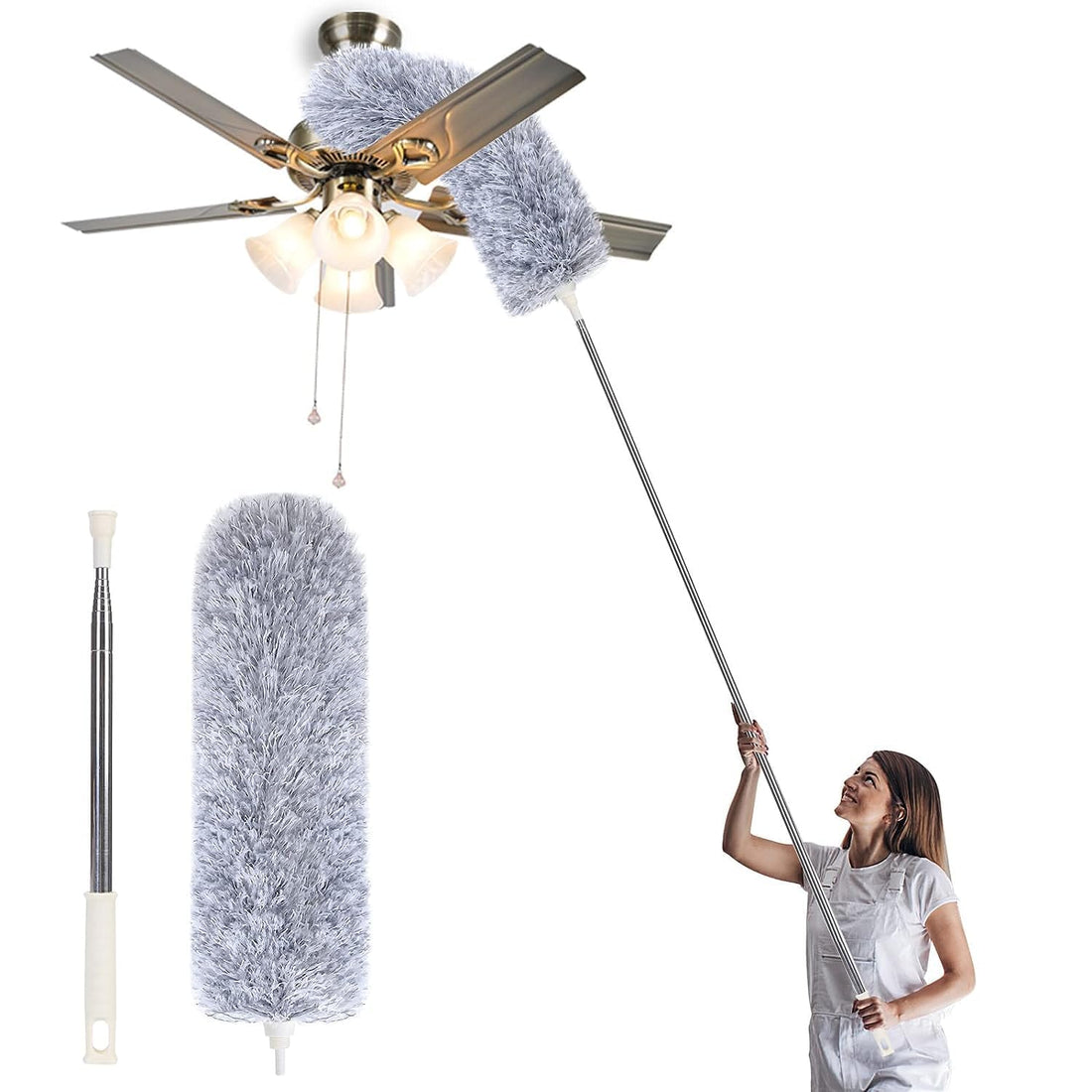 Portal Deetto Microfiber Feather Duster Bendable & Extendable Fan Cleaning Duster with 100 inches Expandable Pole Handle Washable Duster for High Ceiling Fans, Window Blinds, Furniture (Grey)