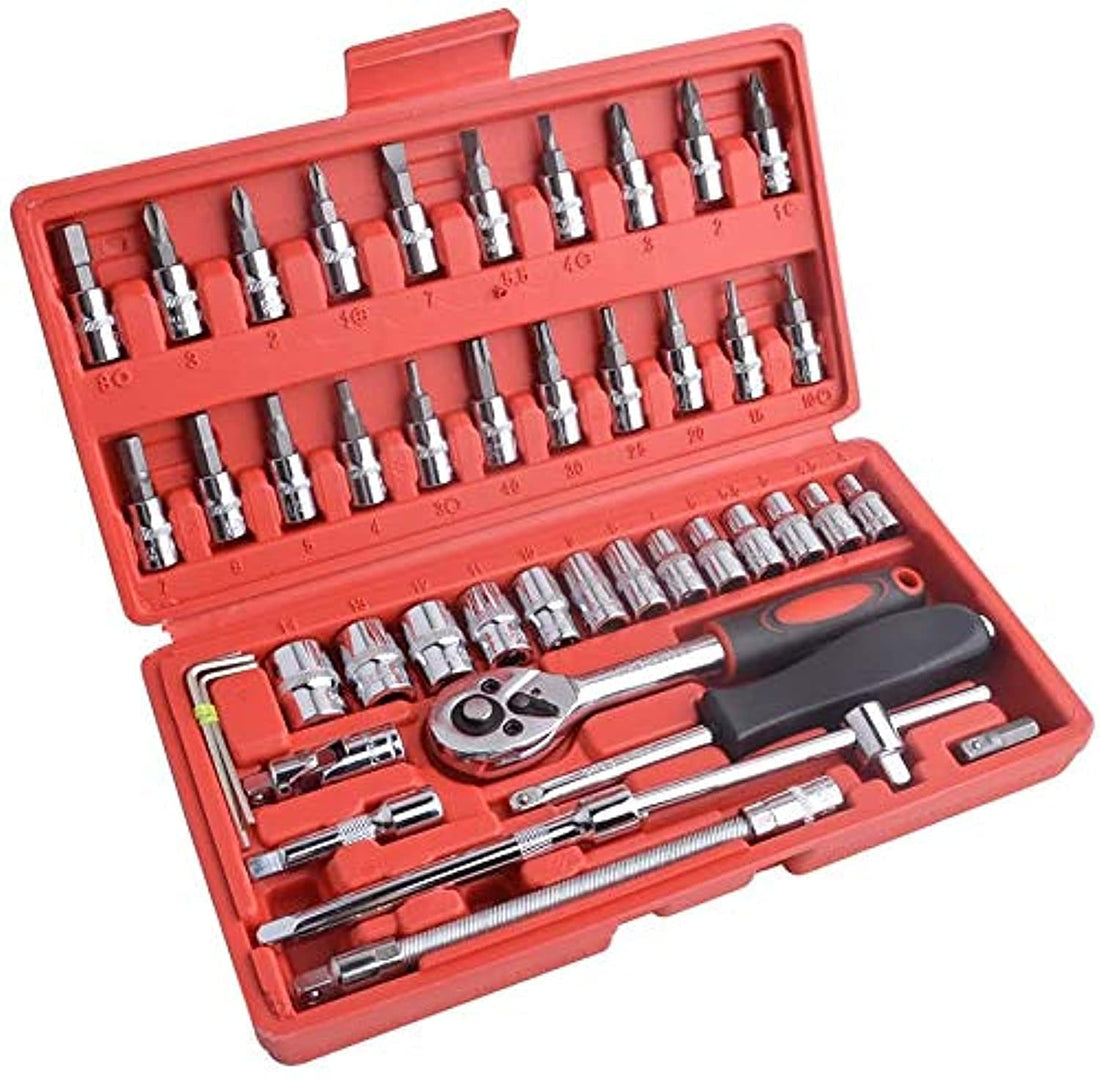 Gunpla 46 Piece 1/4" Drive Socket Wrench Driver Bits Metric Set Flexible Extension Rods with Reversible Ratchet Spanner for Car Bicycle Motor
