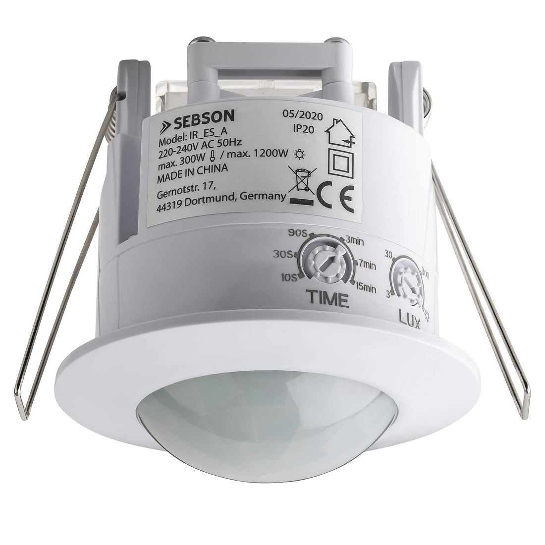 SEBSON® Indoor Motion Detector, Set of 2, Flush-Mounted Ceiling Mounting, Programmable, Infrared Sensor, Range 6 m / 360°, Suitable for LED, 3-Wire