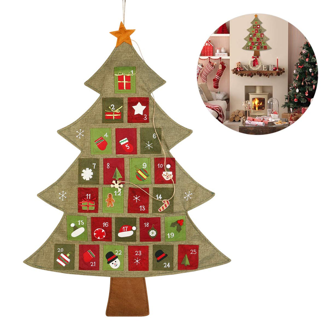 Wonka ZHUGI Christmas Countdown Calendar Christmas Tree Advent Calendar with Pockets Hanging Advent Calendar Countdown to Christmas