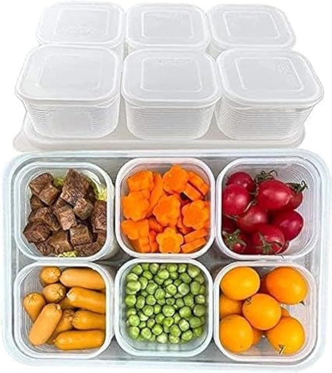 CATKIT Store Food Storage Container for Fridge - Reusable Plastic Organizer with 6 Detachable Small Fresh Keeping Bins for Fish, Meat, Vegetables
