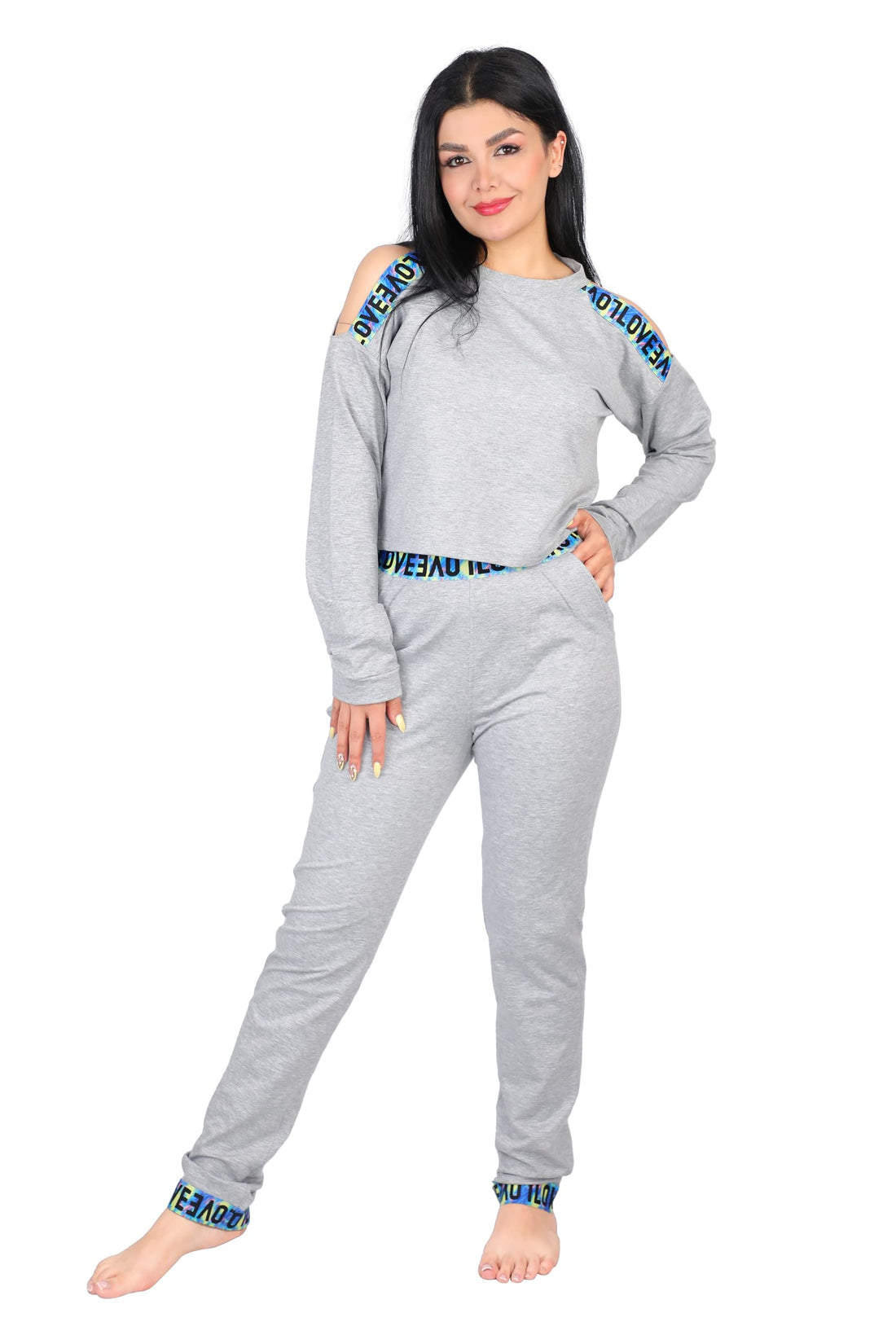 Women Cold Shoulder Sports Set Black Grey Love Crop Top with Jogger Pants