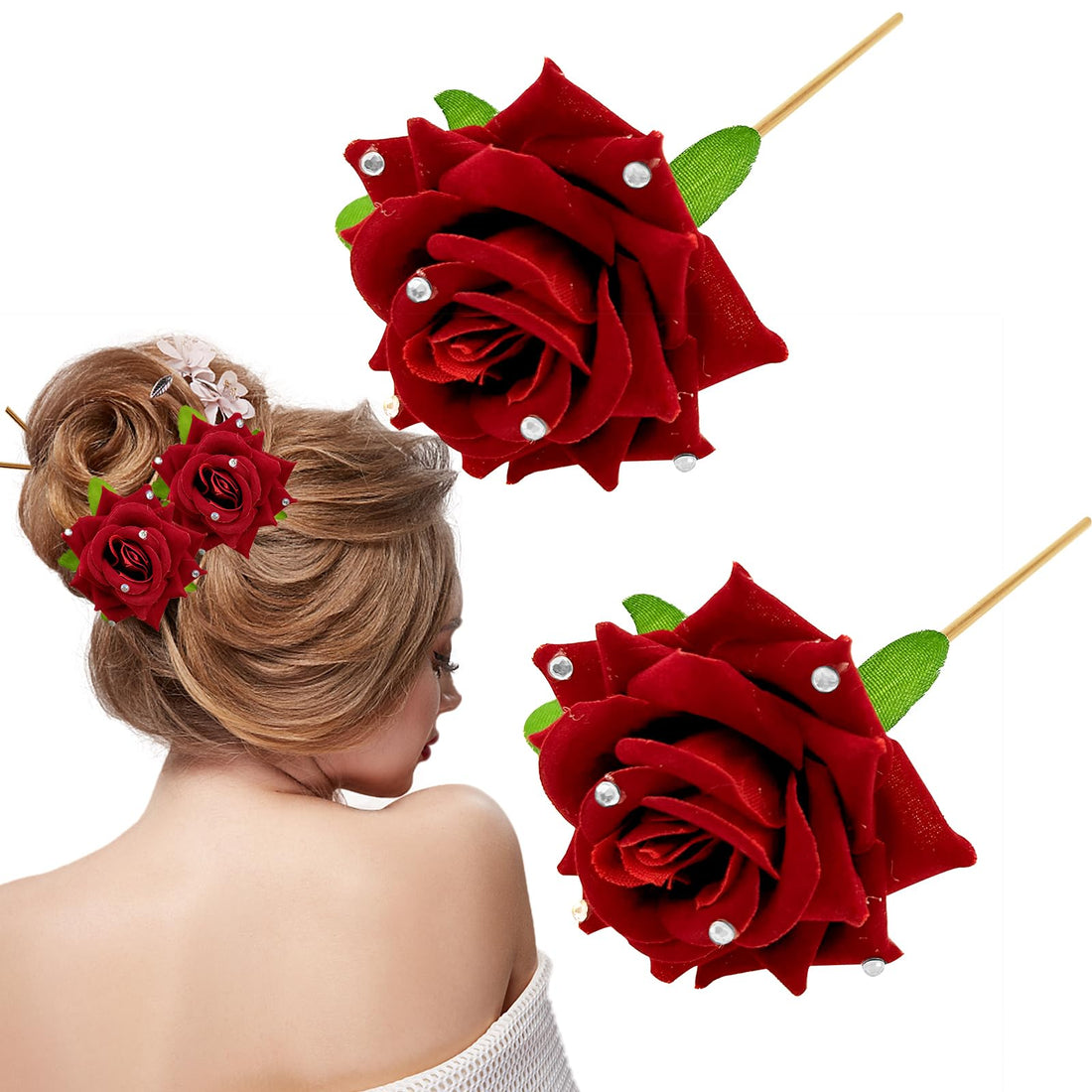 2 PCS Inlaid Diamond Red Rose Hair Stick,Rose Floral Bobby Pins Bridal Hair Pin Wedding Bridesmaids Head Hairpin Women Girls Hair Accessories for Party Wedding Valentine's Day Accessory