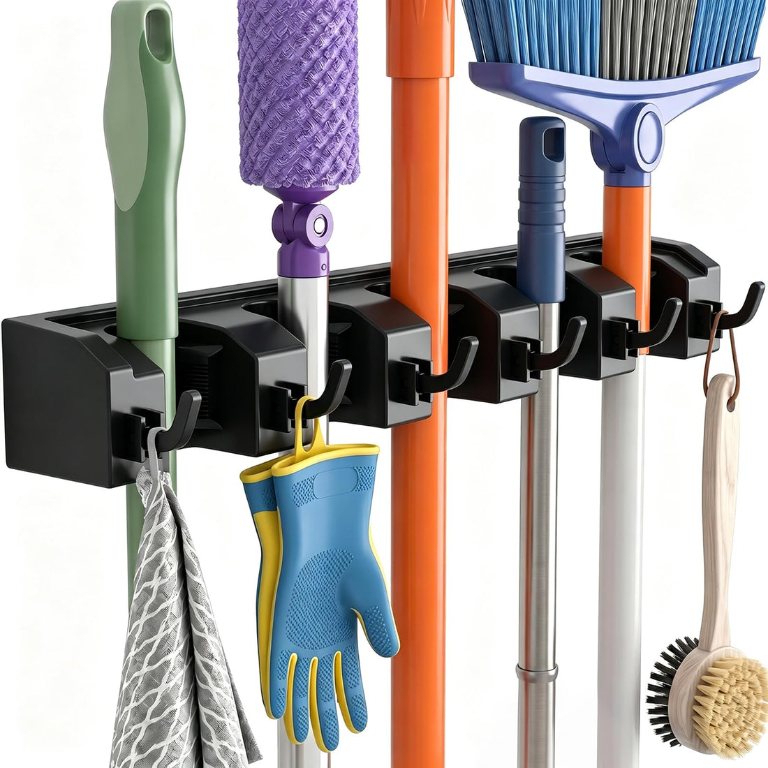 AceMining Wall Broom Holder, 5 Holders + 6 Hooks Device Holder, Garden Tool Holder, ABS Plastic Broom Holder, Thick Durable Mop Wall Mount for Home Kitchen Garage (Black 1 Pack)