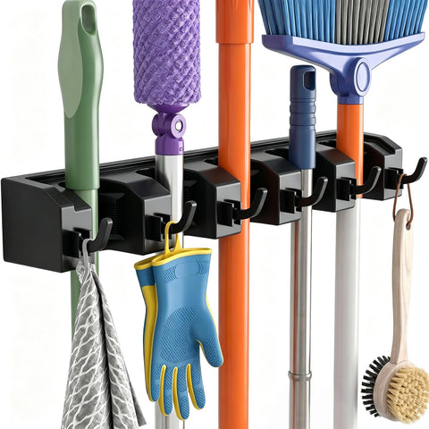 AceMining Wall Broom Holder, 5 Holders + 6 Hooks Device Holder, Garden Tool Holder, ABS Plastic Broom Holder, Thick Durable Mop Wall Mount for Home Kitchen Garage (Black 1 Pack)