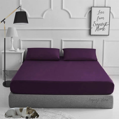 Fitted Bed Sheet with Pillowcases Pack of 2 – Plain Dyed Poly Cotton Percale Easy Care 180TC Bed Sheet, Soft & Durable 50% Cotton 50% Polyester (Plum–Double)